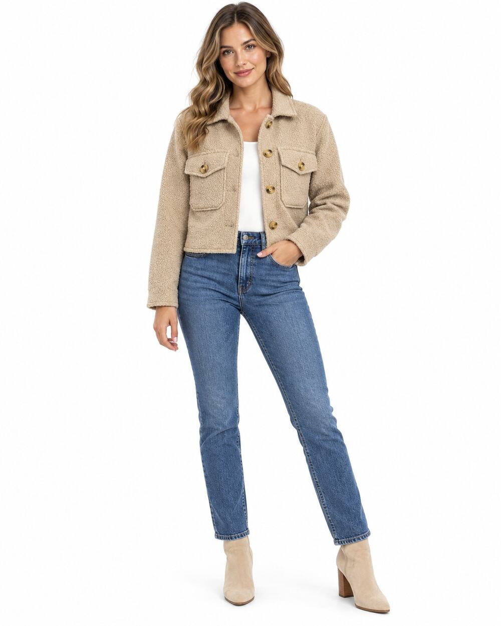 Z Supply Jacket Womens XS Tan Boucle Teddy Cropped Shacket Button Front Pockets